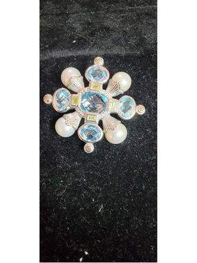 Judith Ripka Sterling Silver Blue Topaz And Pearls Brooch Pin Enhancer Vintage20